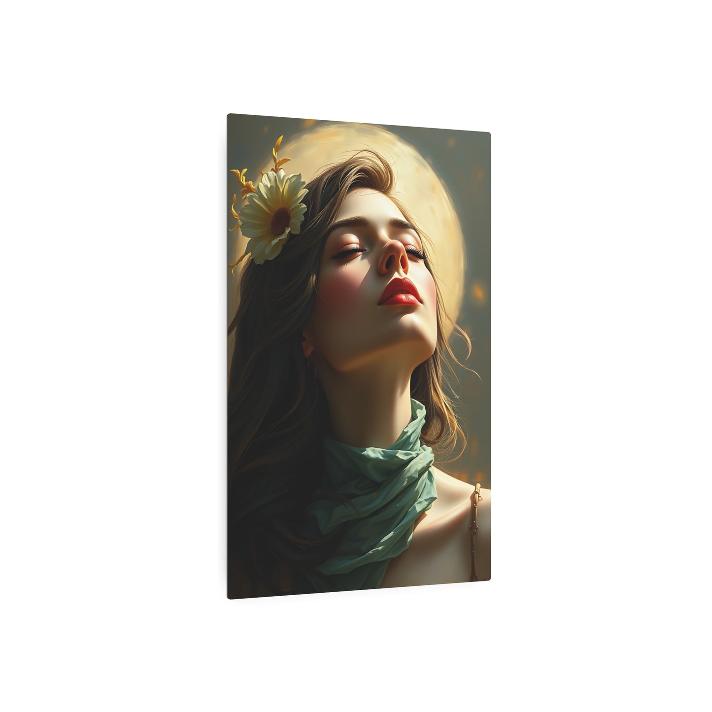 Ethereal Beauty: Metal Printed Art Sign Featuring a Serene Woman