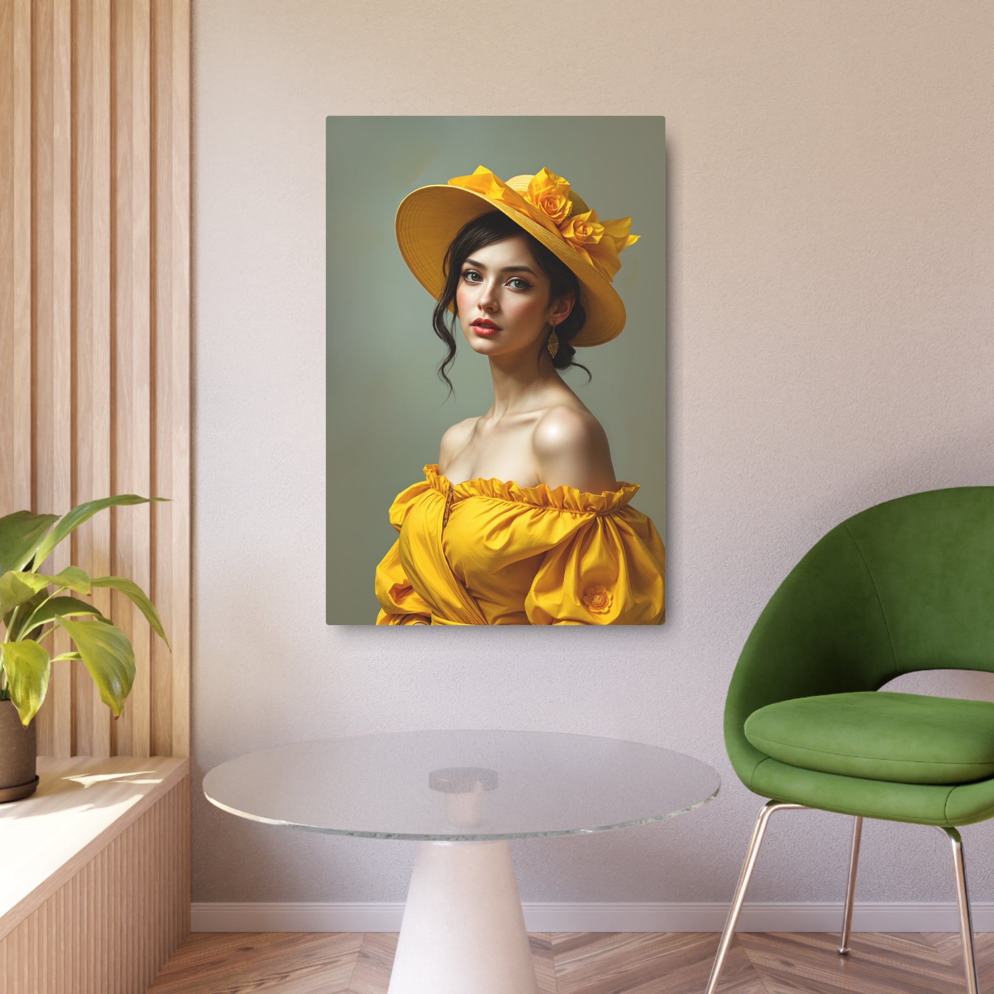 Elegant Yellow Hat Woman Metal Sign Artwork