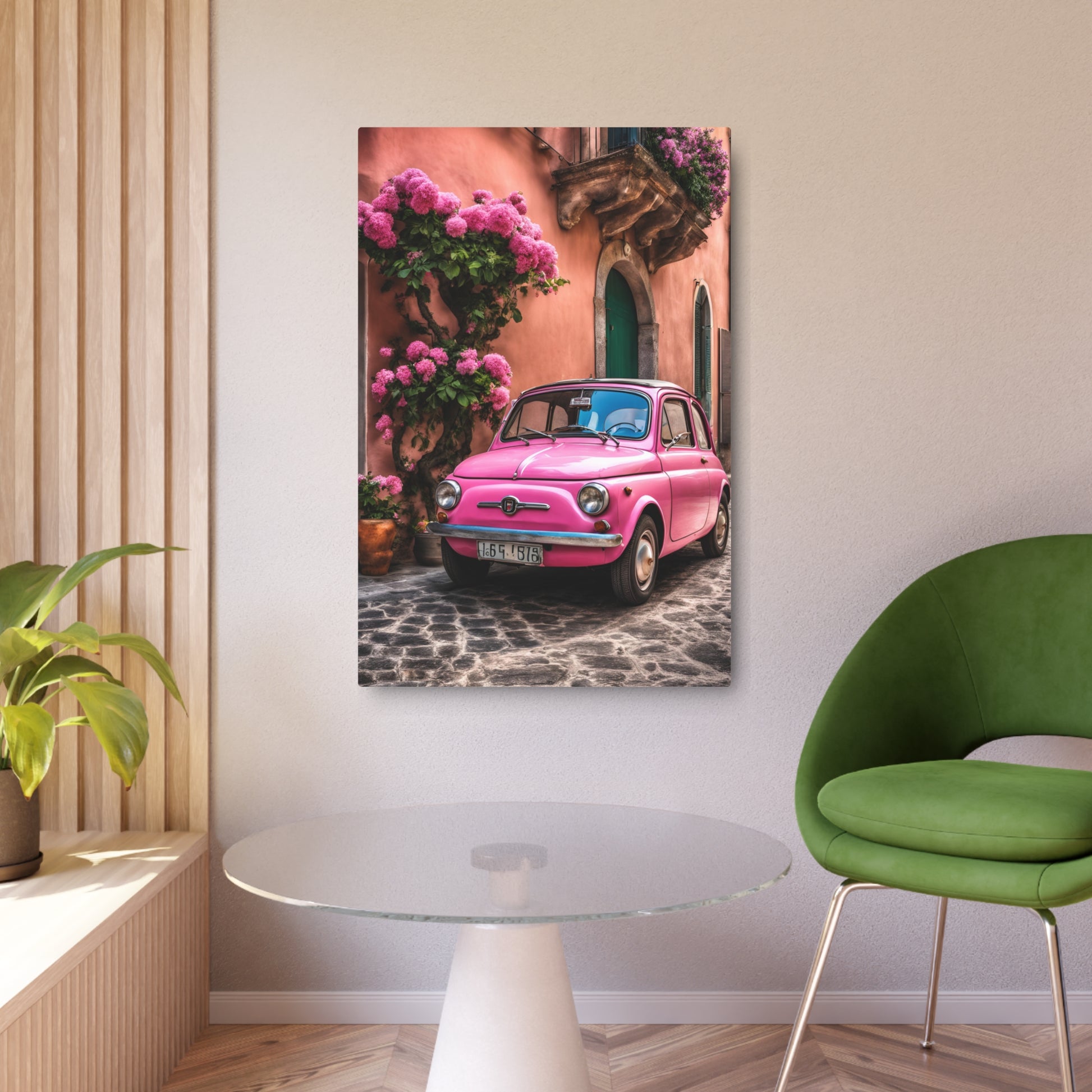 vintage pink fiat on Italian street printable, Italian seaside village Metal Art Sign