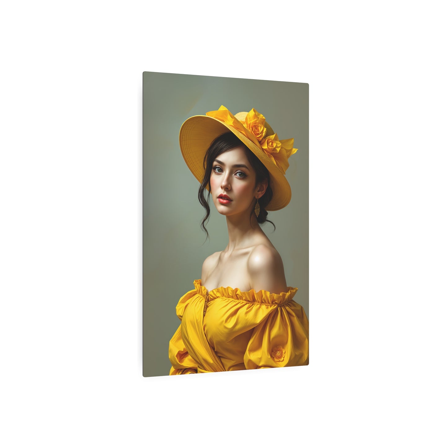 Elegant Yellow Hat Woman Metal Sign Artwork