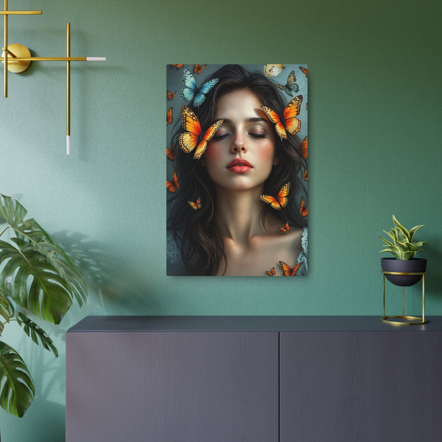 Ethereal Beauty: Woman Surrounded by Colorful Butterflies | Stunning Artwork Metal Art Sign 20″ x 30″ (Vertical) 0.12''