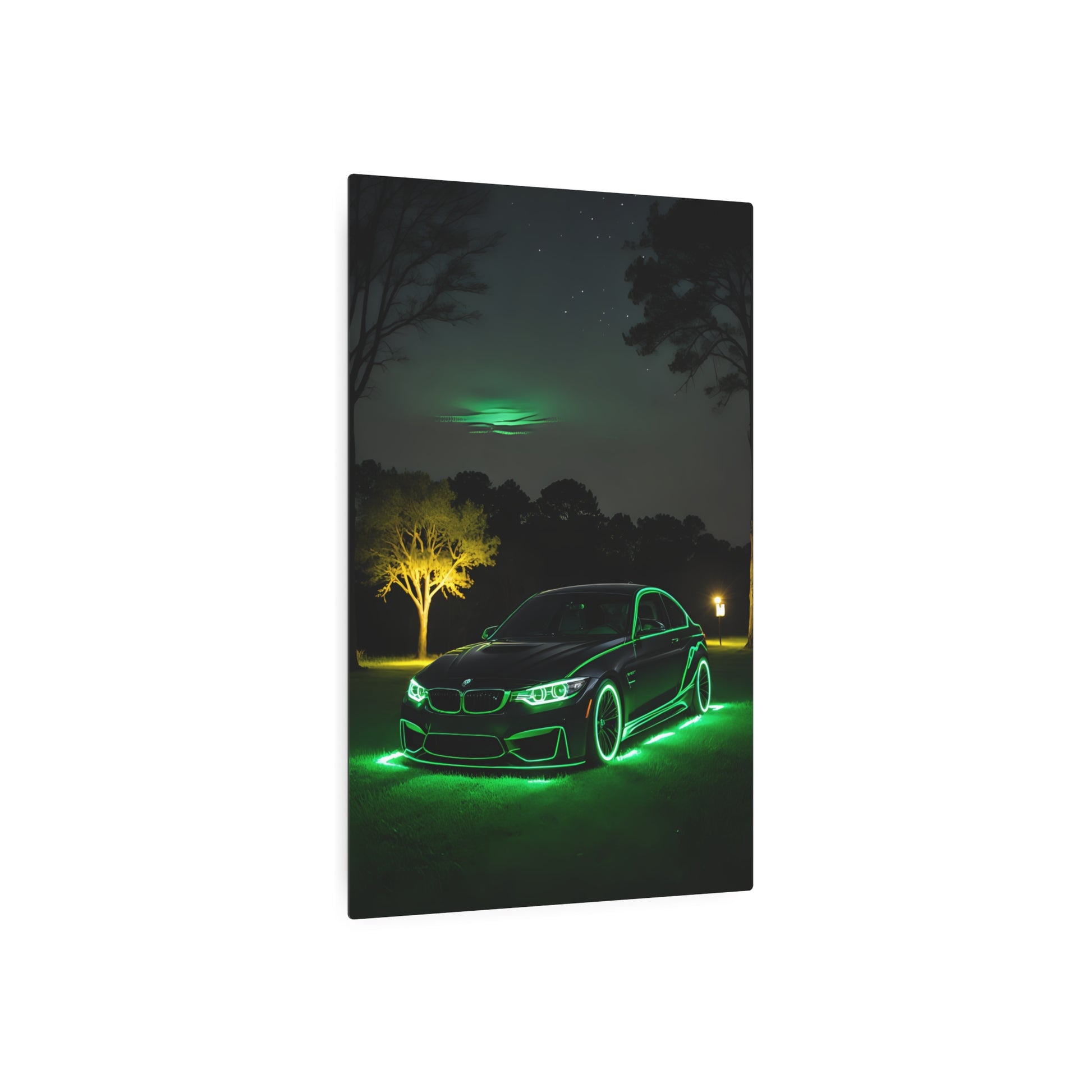 Neon Night: BMW Under the Stars Metal Art Sign