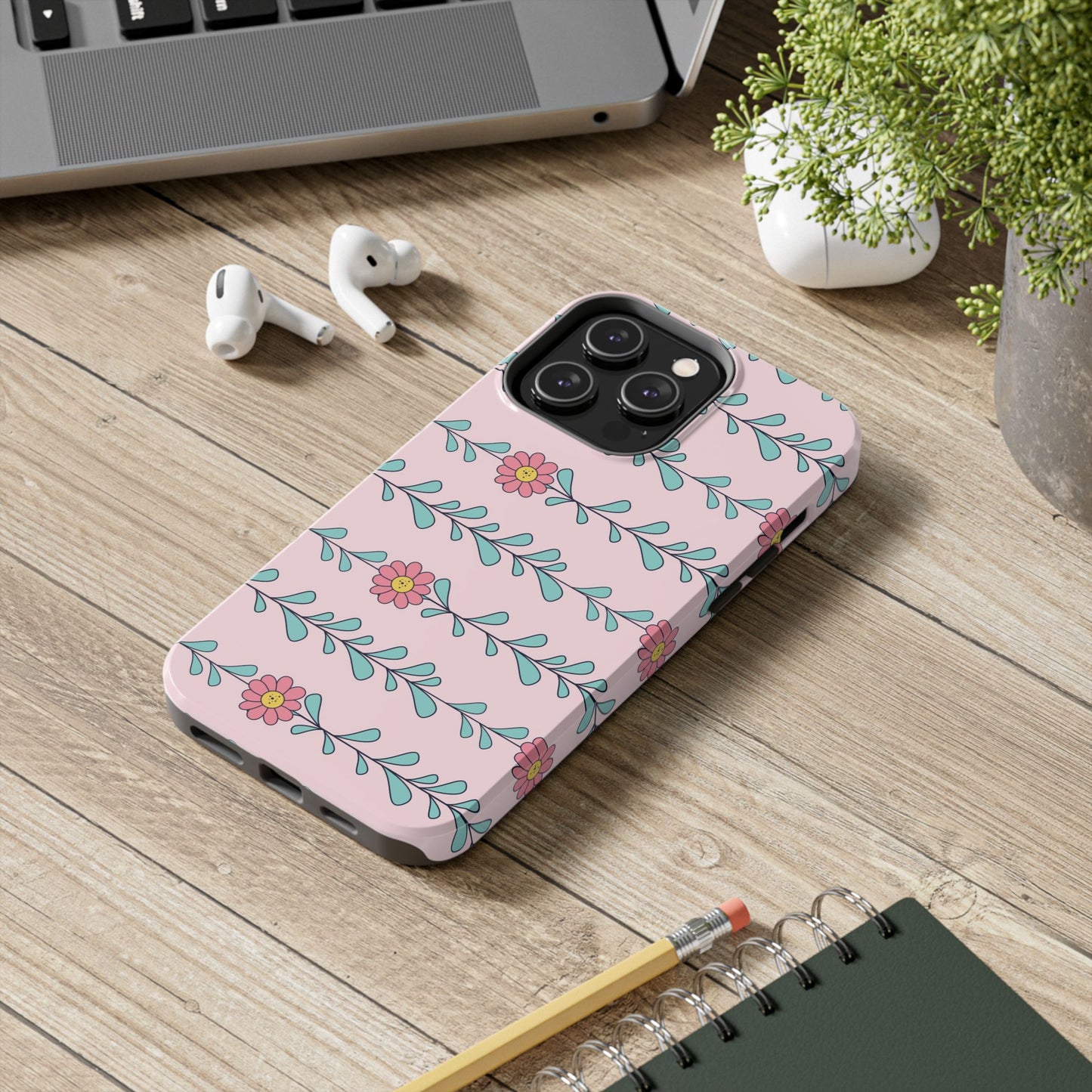 Seamless pattern pink flowers leaves Tough Phone Cases