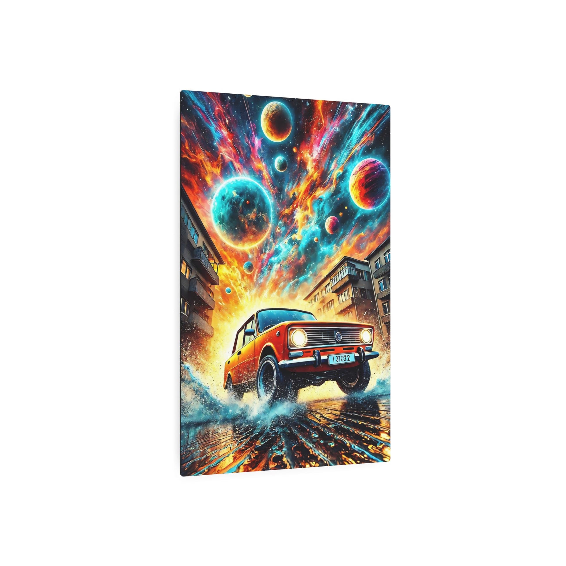 Cosmic Velocity: The Red Lada’s Cosmic Journey Metal Art Sign