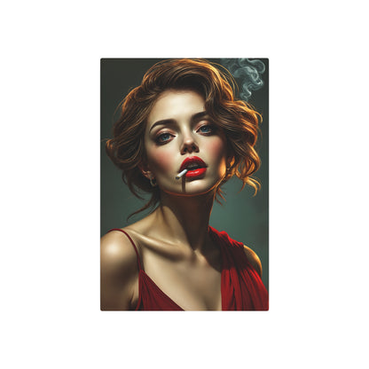 Captivating Portrait of a Glamorous Woman in Red - Artistic Masterpiece Metal Art Sign