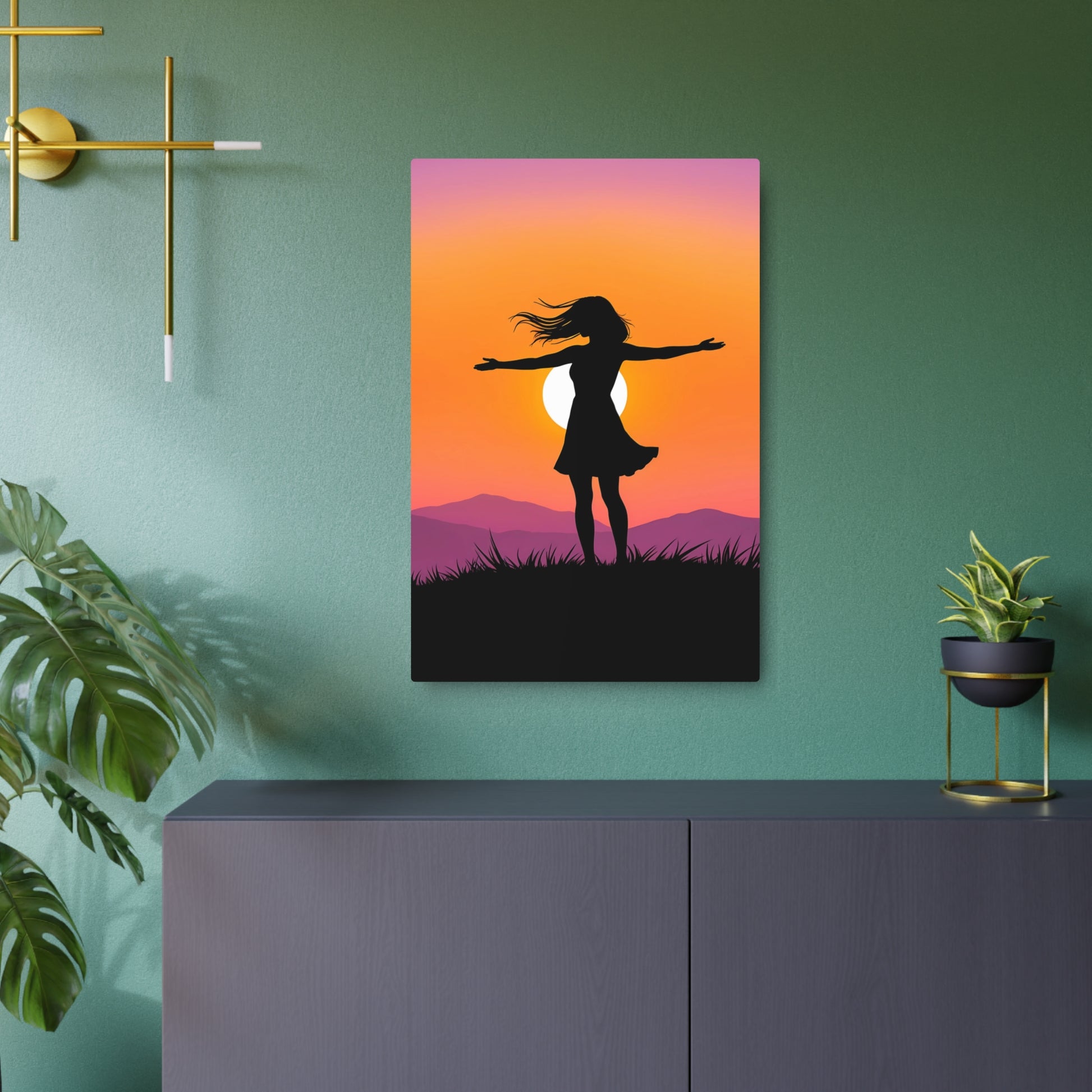 Embracing Freedom: Silhouette of a Woman at Sunset Metal Art Sign 20″ x 30″ (Vertical) 0.12''