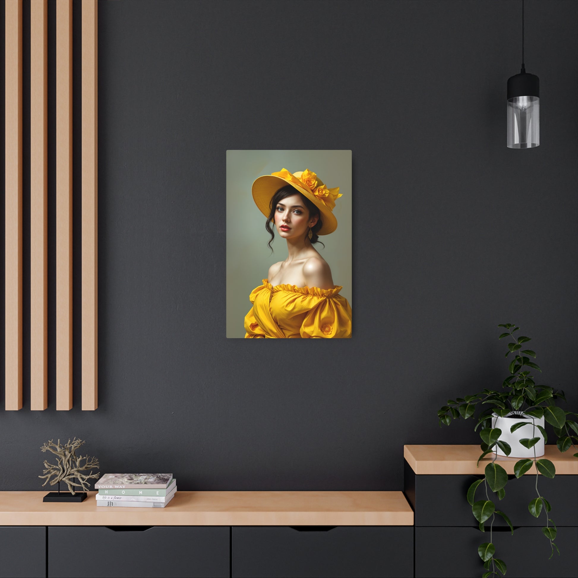 Elegant Yellow Hat Woman Metal Sign Artwork