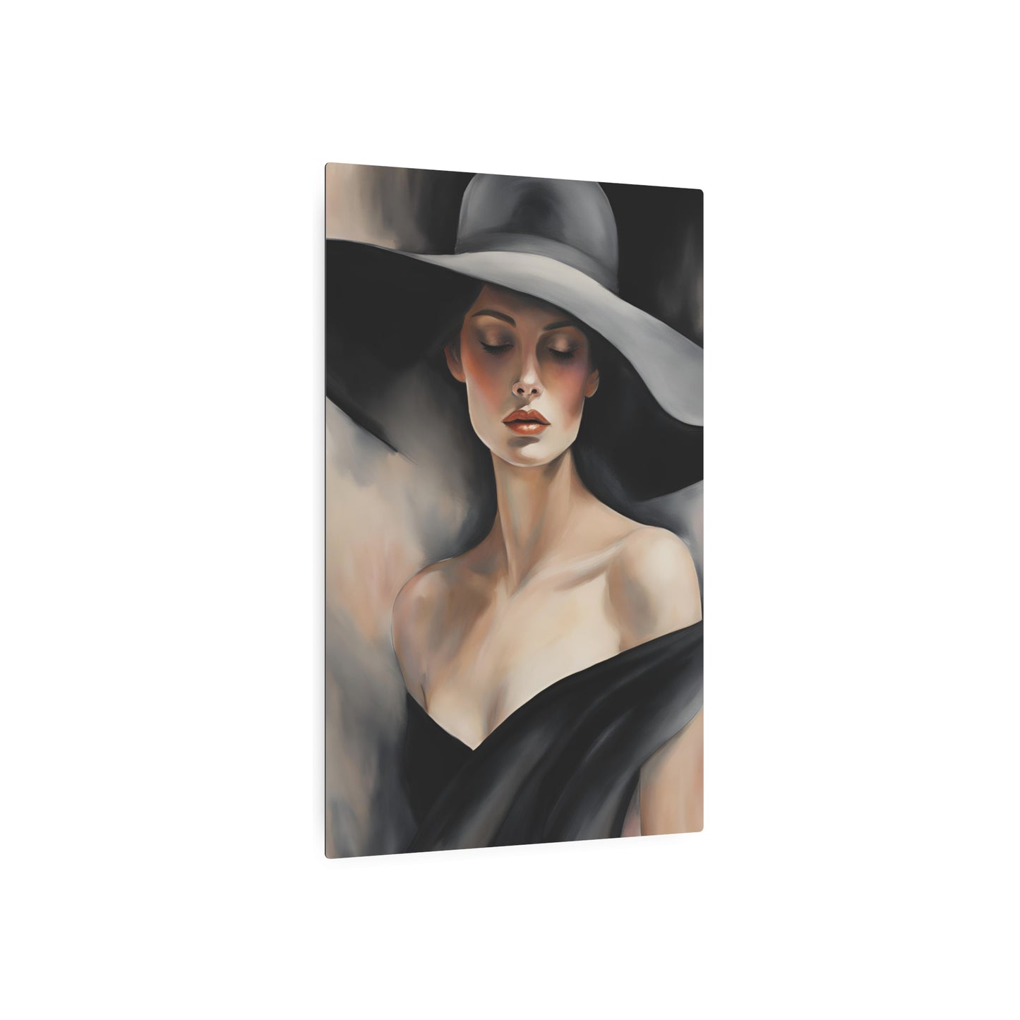 Elegant Modern Portrait Art: Woman with Hat – Timeless Beauty in Oil Painting Metal Art Sign