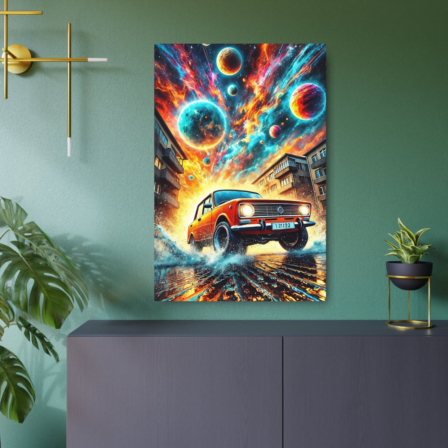 Cosmic Velocity: The Red Lada’s Cosmic Journey Metal Art Sign 24" x 36" (Vertical) 0.12''