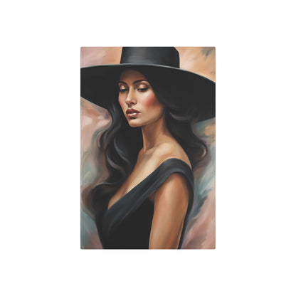 Elegant Portrait of a Woman in Black Hat | Timeless Artistry Metal Art Sign