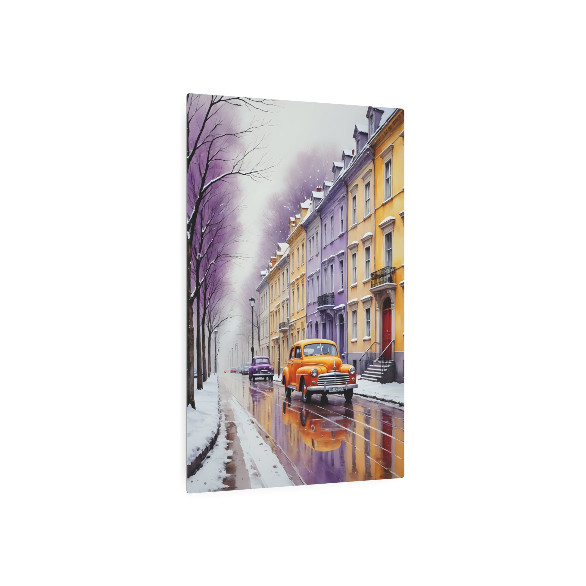 Amber Allure: A Vintage Sojourn Through a Snowy Cityscape Metal Art Sign