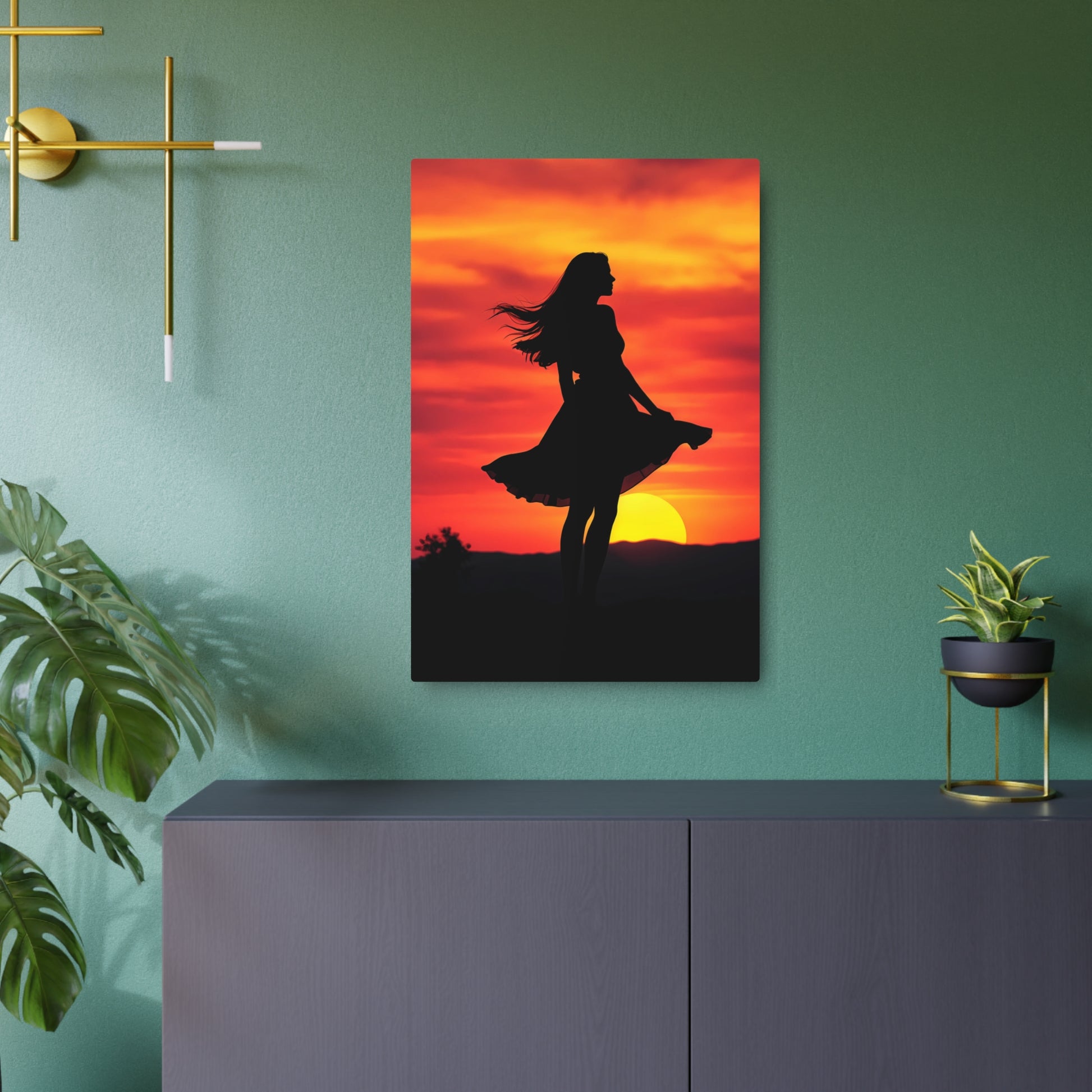 Silhouette of Serenity: Woman Against a Stunning Sunset Metal Art Sign 20″ x 30″ (Vertical) 0.12''