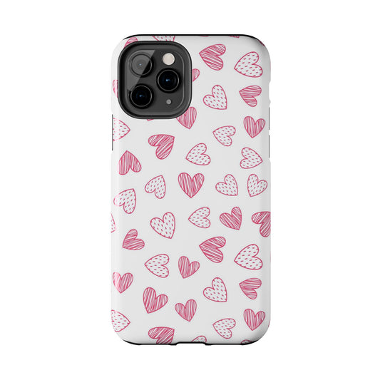 Cute seamless pattern with pink doodle hearts. Tough Phone Cases