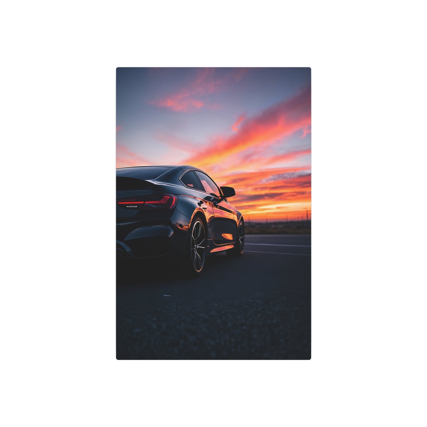 Stunning Metal Sign Featuring a Sleek Sports Car at Sunset - Perfect for Automotive Enthusiasts