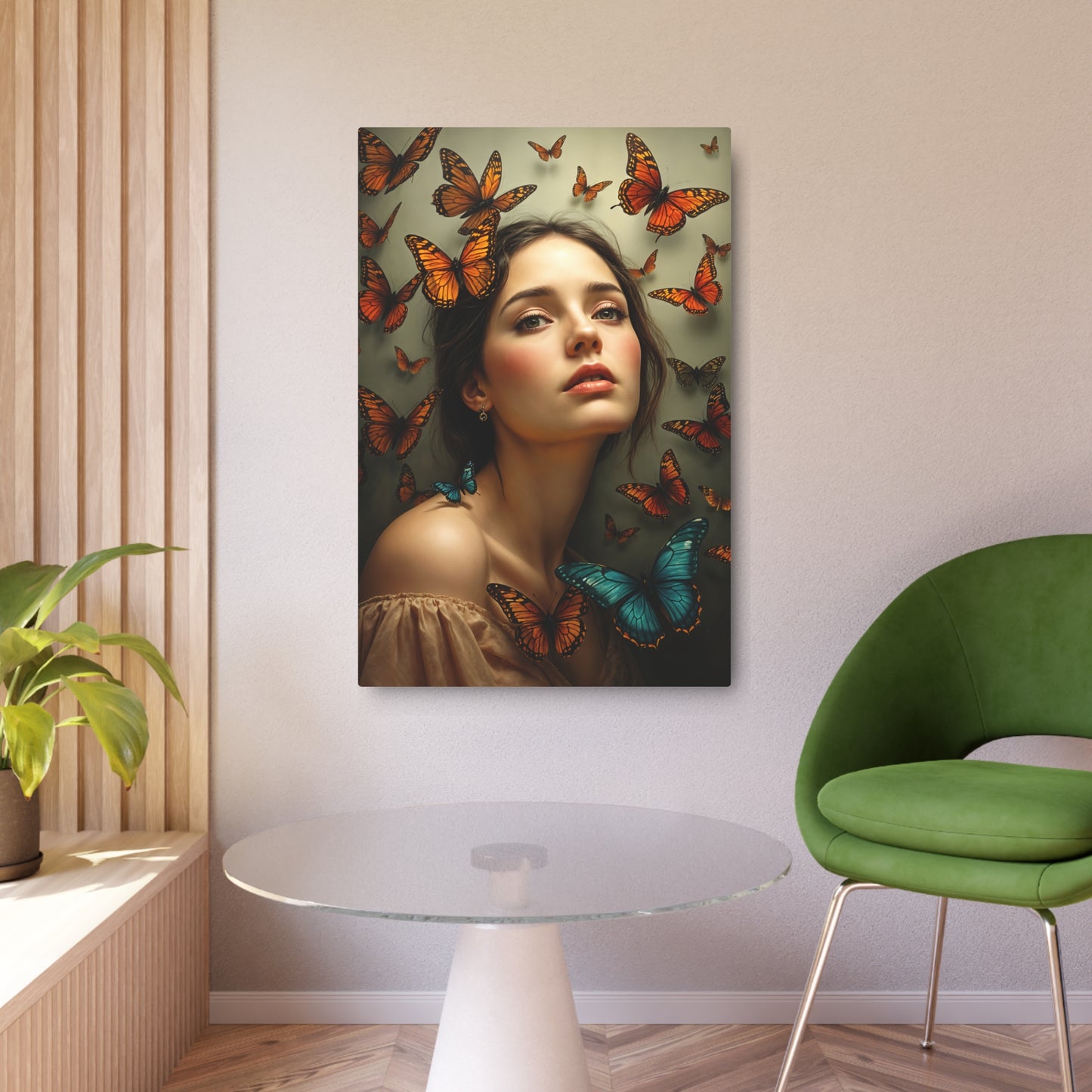 Enchanting Woman Surrounded by Butterflies – Exquisite Artwork for Nature Lovers Metal Art Sign