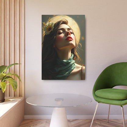 Ethereal Beauty: Metal Printed Art Sign Featuring a Serene Woman