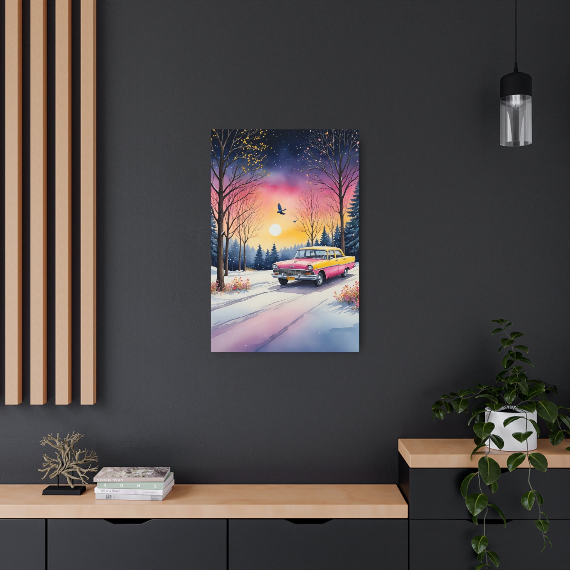 Winter's Tranquil Drive: A Journey Through Pastel Twilight Metal Art Sign