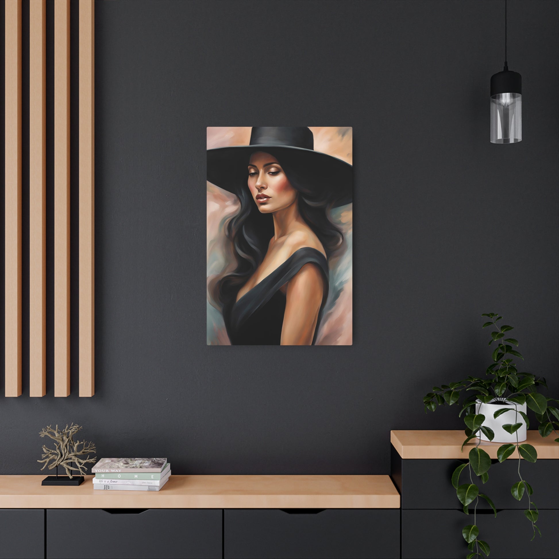 Elegant Portrait of a Woman in Black Hat | Timeless Artistry Metal Art Sign