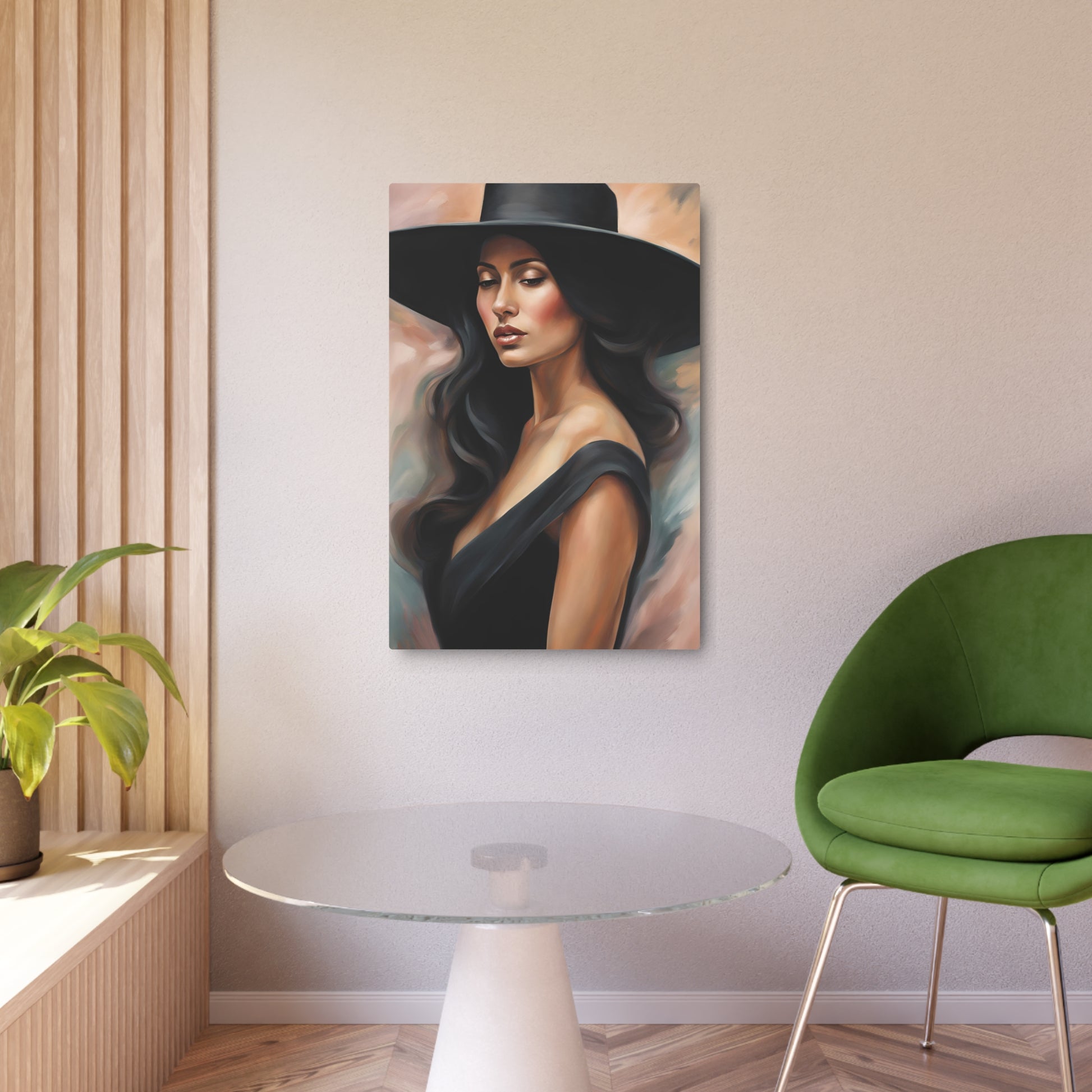 Elegant Portrait of a Woman in Black Hat | Timeless Artistry Metal Art Sign