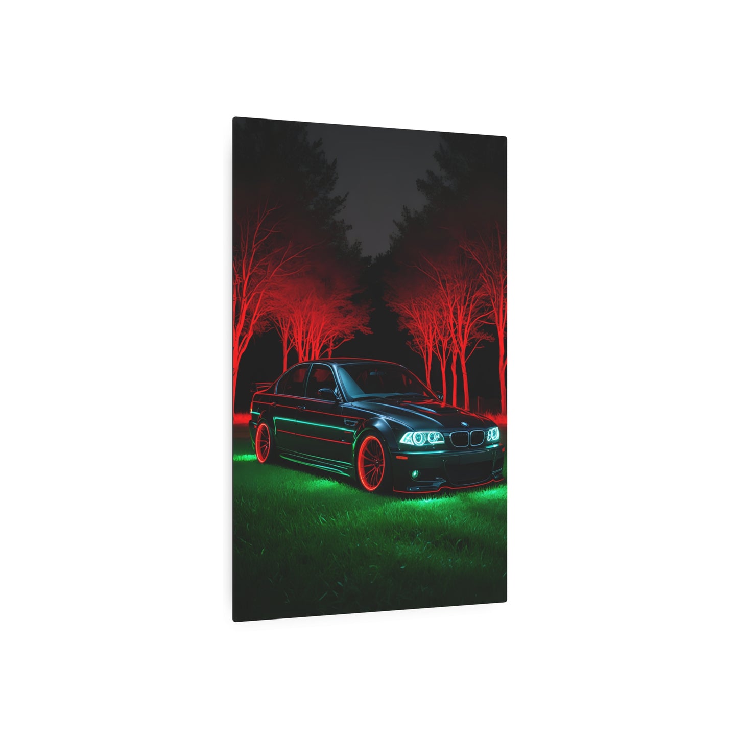 Illuminated Elegance: BMW in Red and Green Metal Art Sign