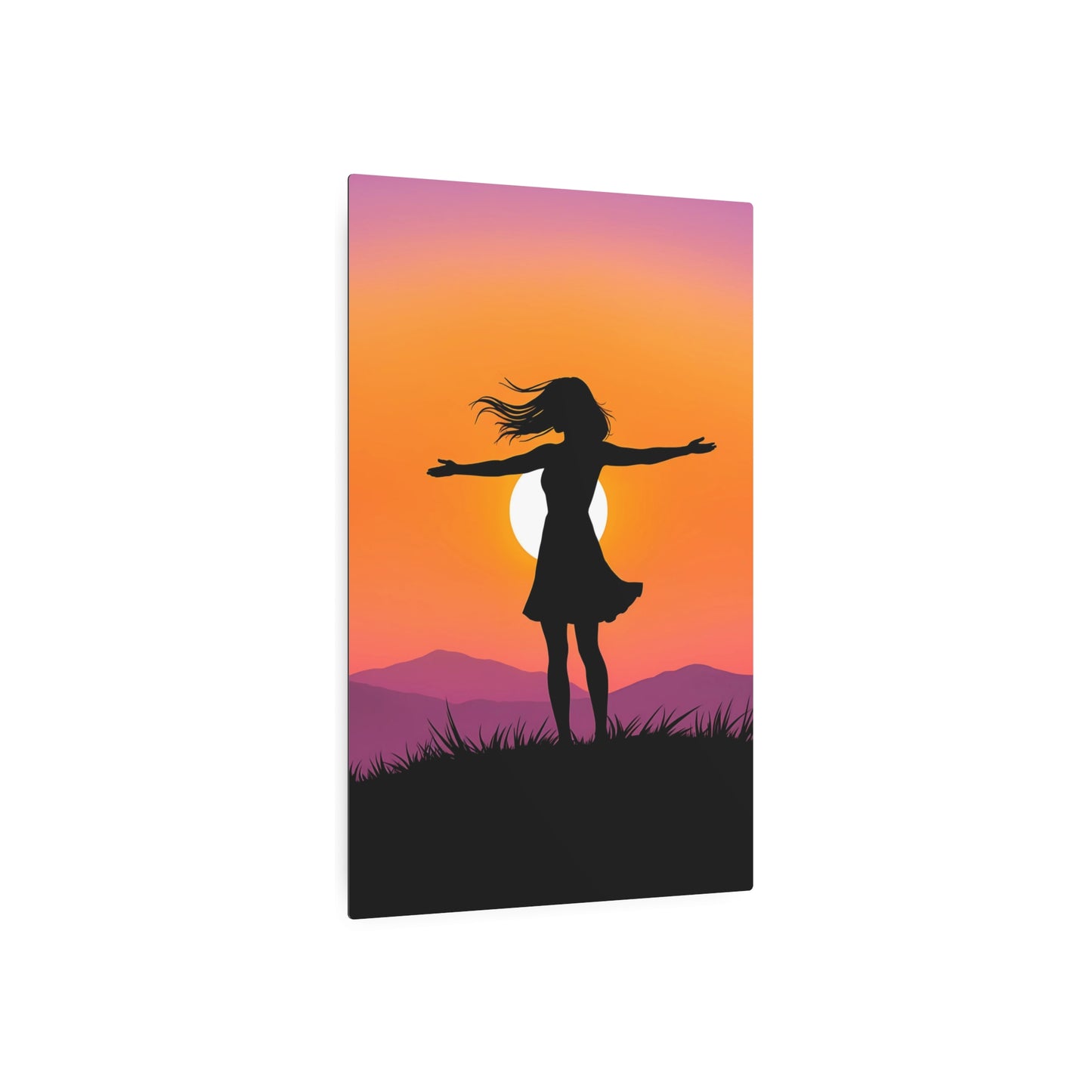 Embracing Freedom: Silhouette of a Woman at Sunset Metal Art Sign