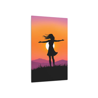 Embracing Freedom: Silhouette of a Woman at Sunset Metal Art Sign