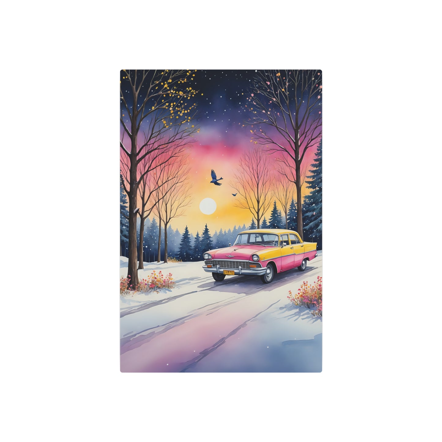 Winter's Tranquil Drive: A Journey Through Pastel Twilight Metal Art Sign