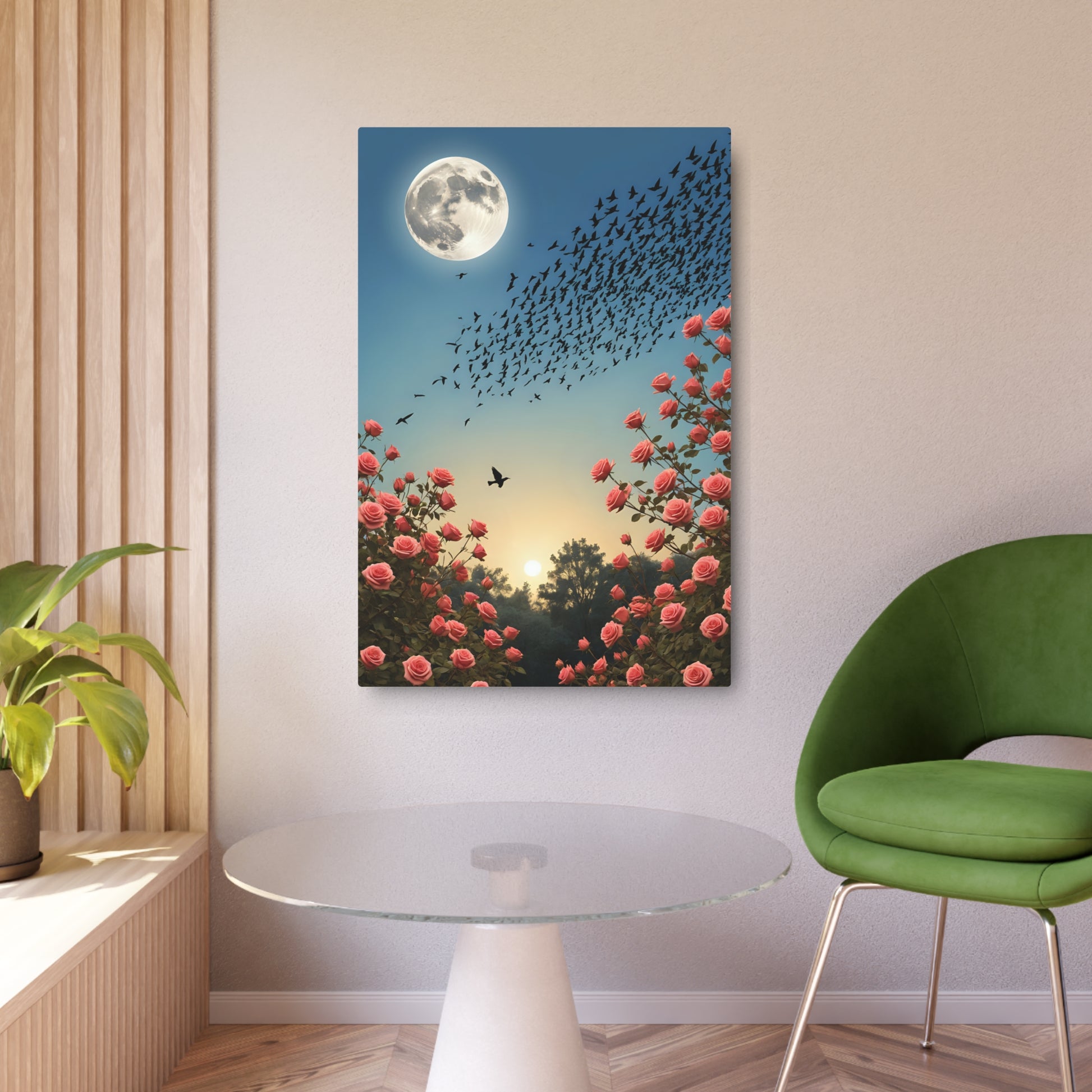 Lunar Flight: A Symphony of Birds and Roses Under the Moonlight Metal Art Sign