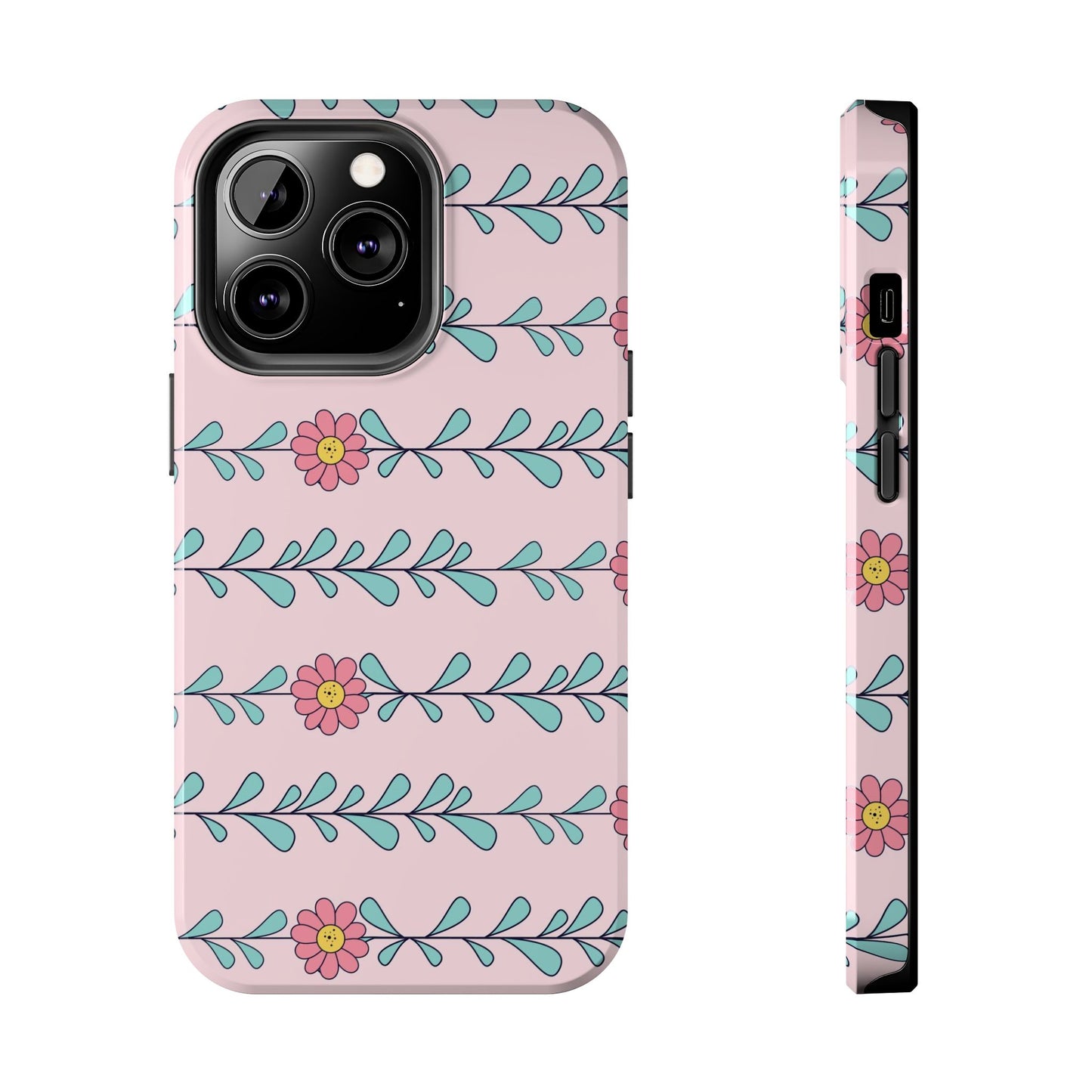 Seamless pattern pink flowers leaves Tough Phone Cases iPhone 13 Pro