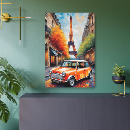 Parisian Charm: Mini Cooper in Autumn Glow Metal Art Sign 24" x 36" (Vertical) 0.12''