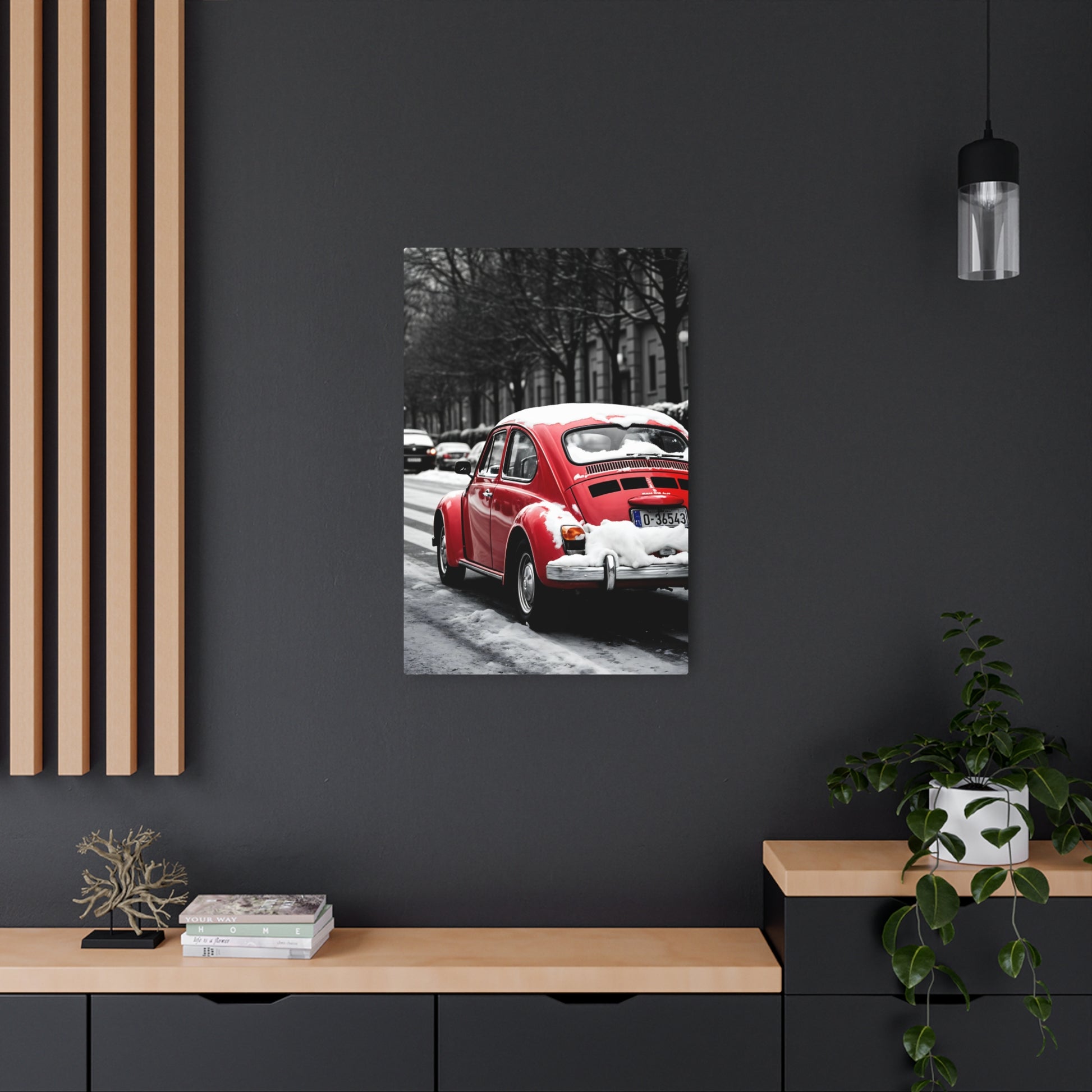 Vintage Red Beetle in Winter Wonderland – Metal Sign Artwork