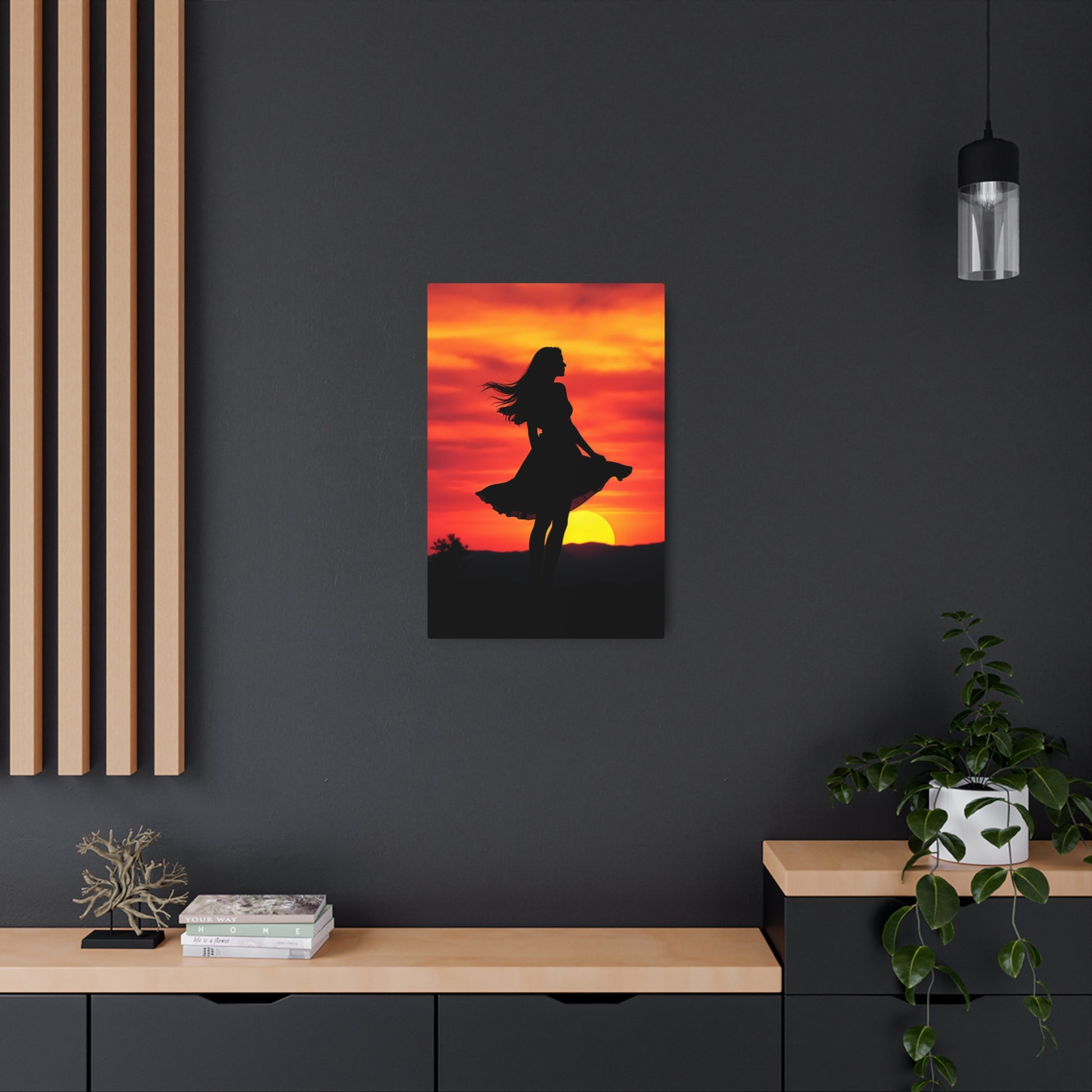 Silhouette of Serenity: Woman Against a Stunning Sunset Metal Art Sign