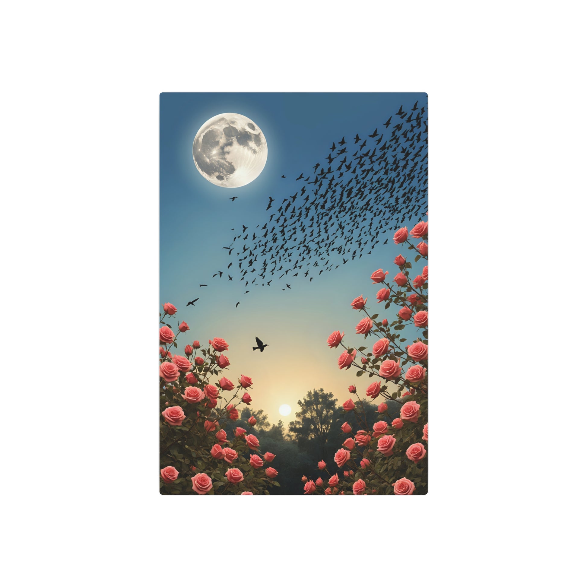 Lunar Flight: A Symphony of Birds and Roses Under the Moonlight Metal Art Sign