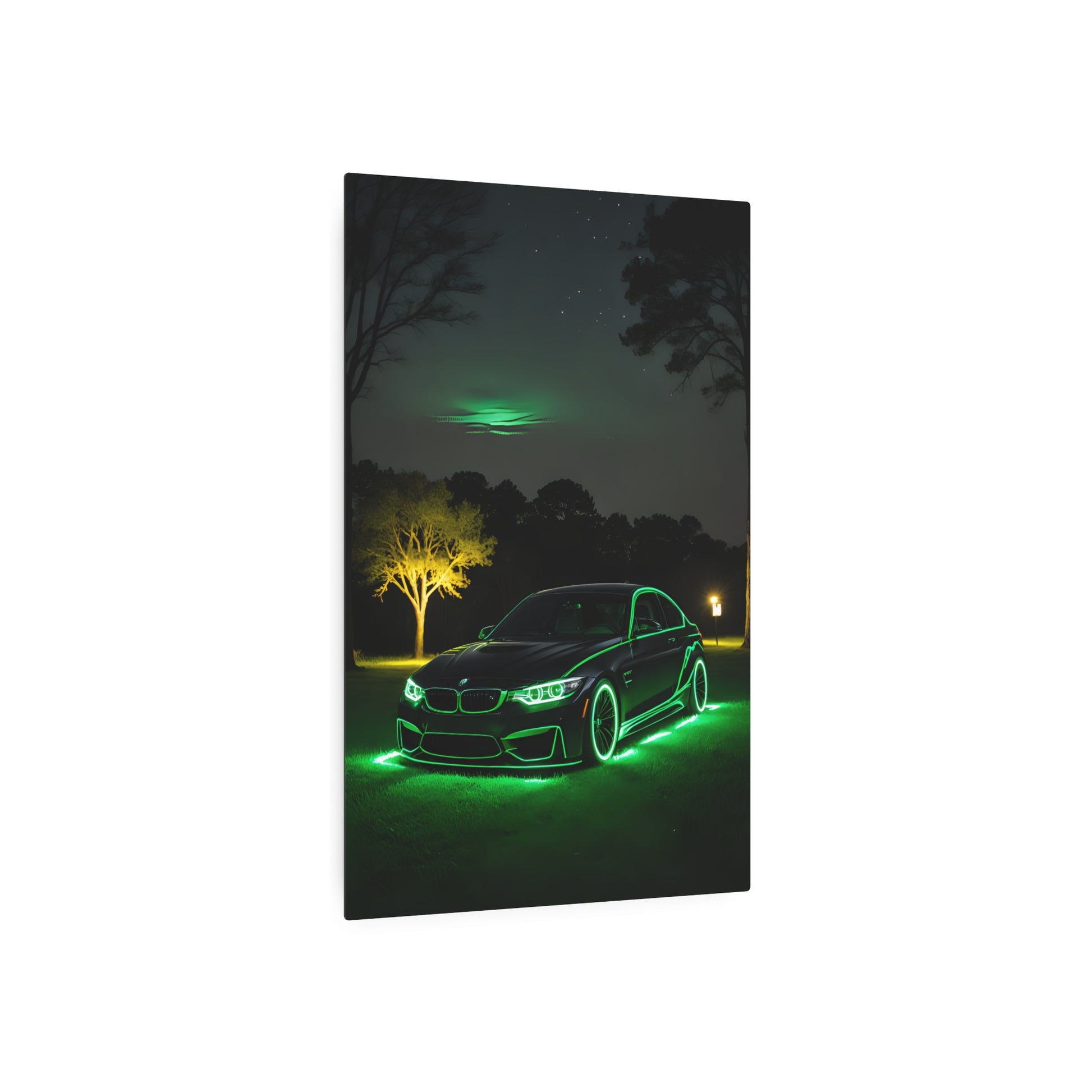 Neon Night: BMW Under the Stars Metal Art Sign