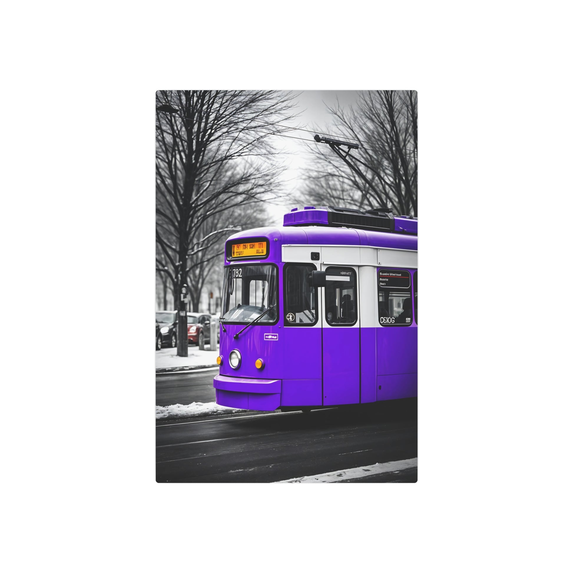 Vibrant Purple Tram Metal Sign Artwork – Urban Transportation Decor