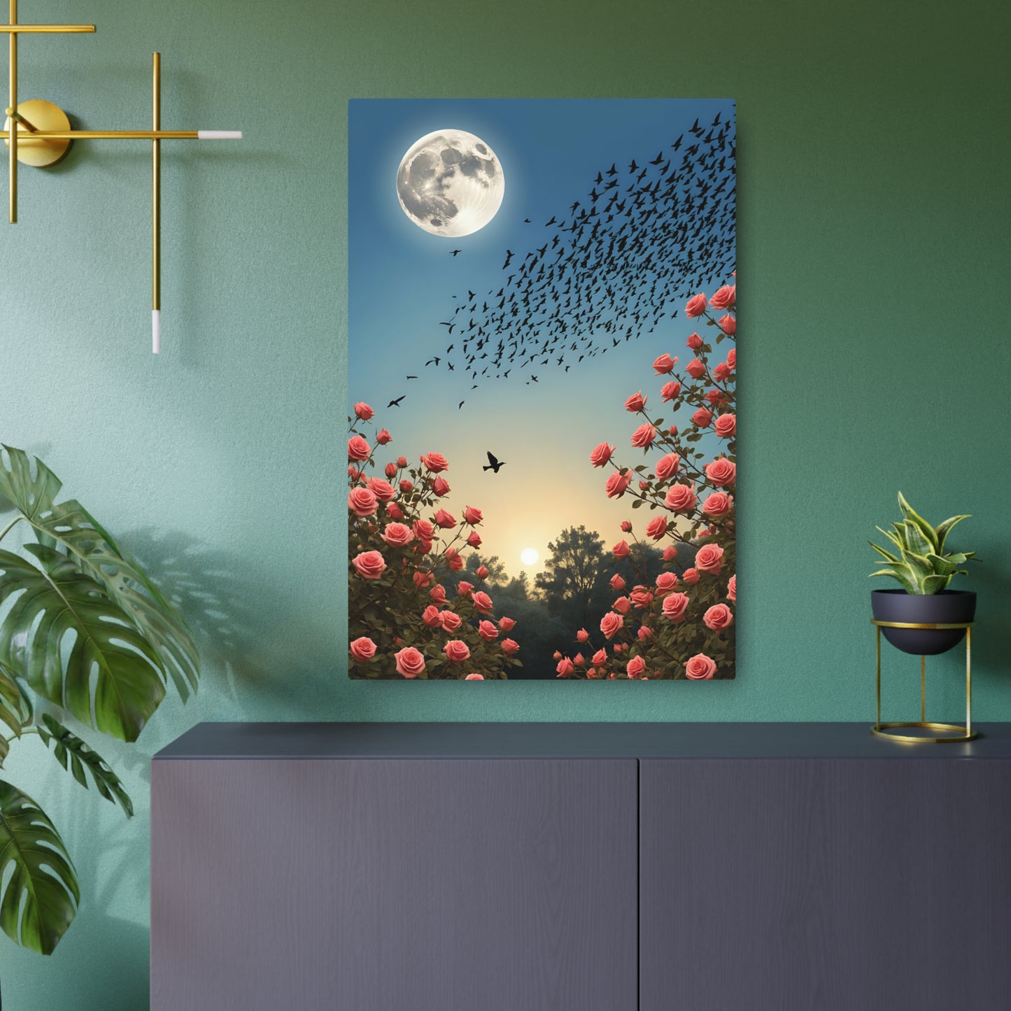 Lunar Flight: A Symphony of Birds and Roses Under the Moonlight Metal Art Sign 24" x 36" (Vertical) 0.12''