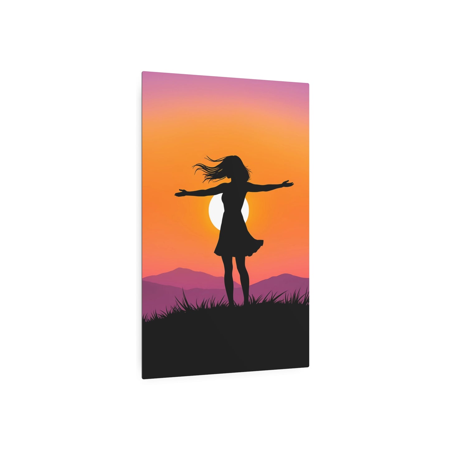 Embracing Freedom: Silhouette of a Woman at Sunset Metal Art Sign