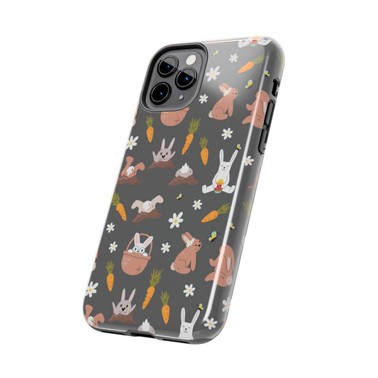 Funny easter rabbits pattern on grey background Tough Phone Cases