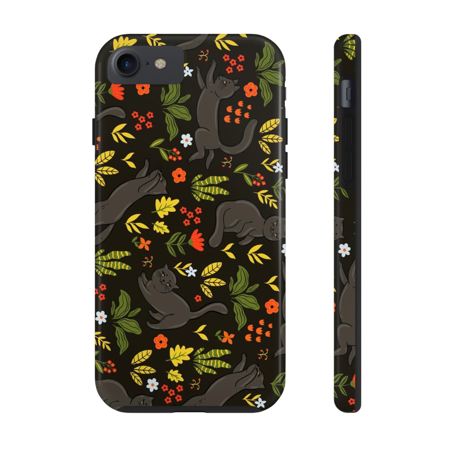 Seamless pattern with black cute cats and flowers Tough Phone Cases iPhone 7, iPhone 8, iPhone SE