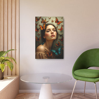 Enchanting Woman Surrounded by Butterflies – Exquisite Artwork for Nature Lovers Metal Art Sign