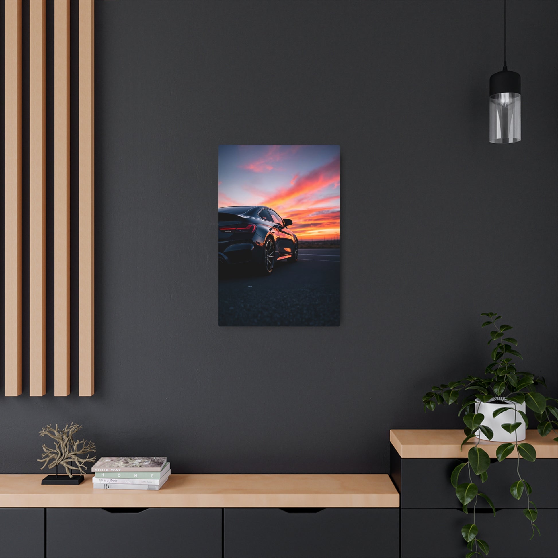 Stunning Metal Sign Featuring a Sleek Sports Car at Sunset - Perfect for Automotive Enthusiasts