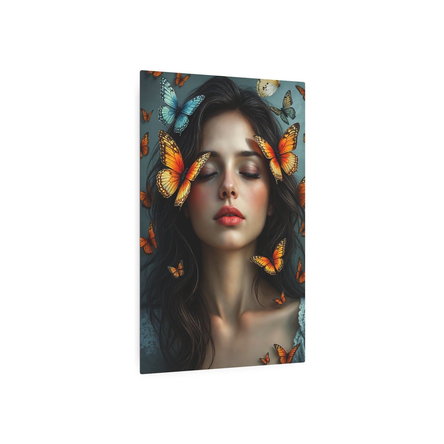 Ethereal Beauty: Woman Surrounded by Colorful Butterflies | Stunning Artwork Metal Art Sign