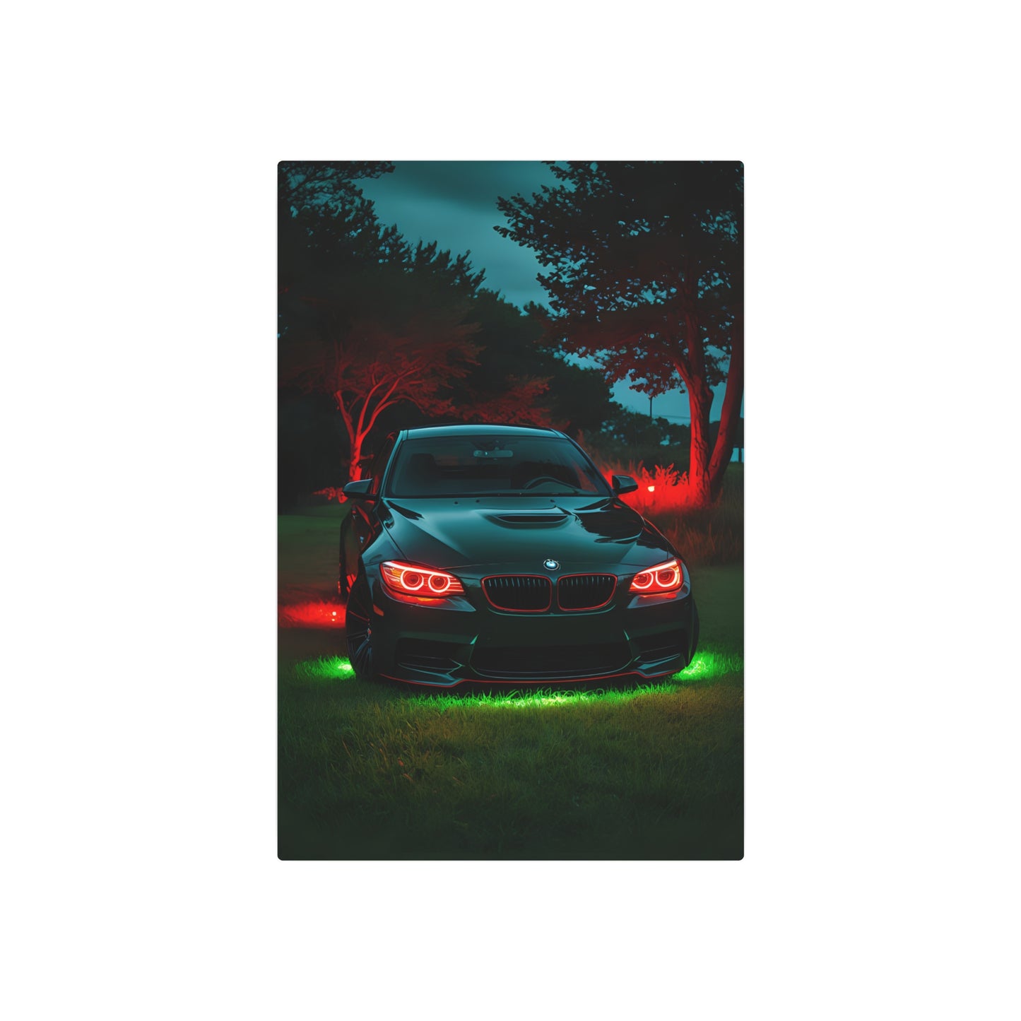 Twilight Elegance: BMW in Neon Glow Metal Art Sign