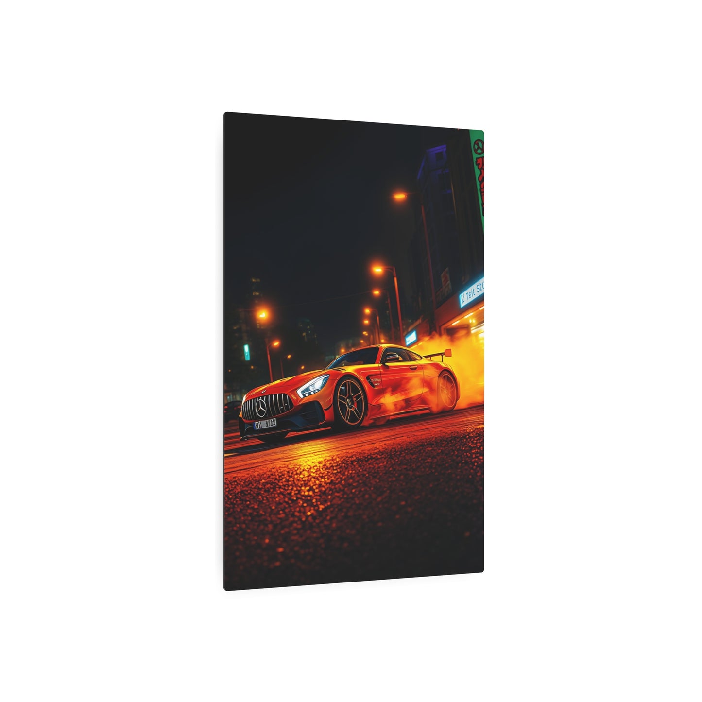 Ignition Fury: The Mercedes-AMG GT in Neon Nights Metal Art Sign