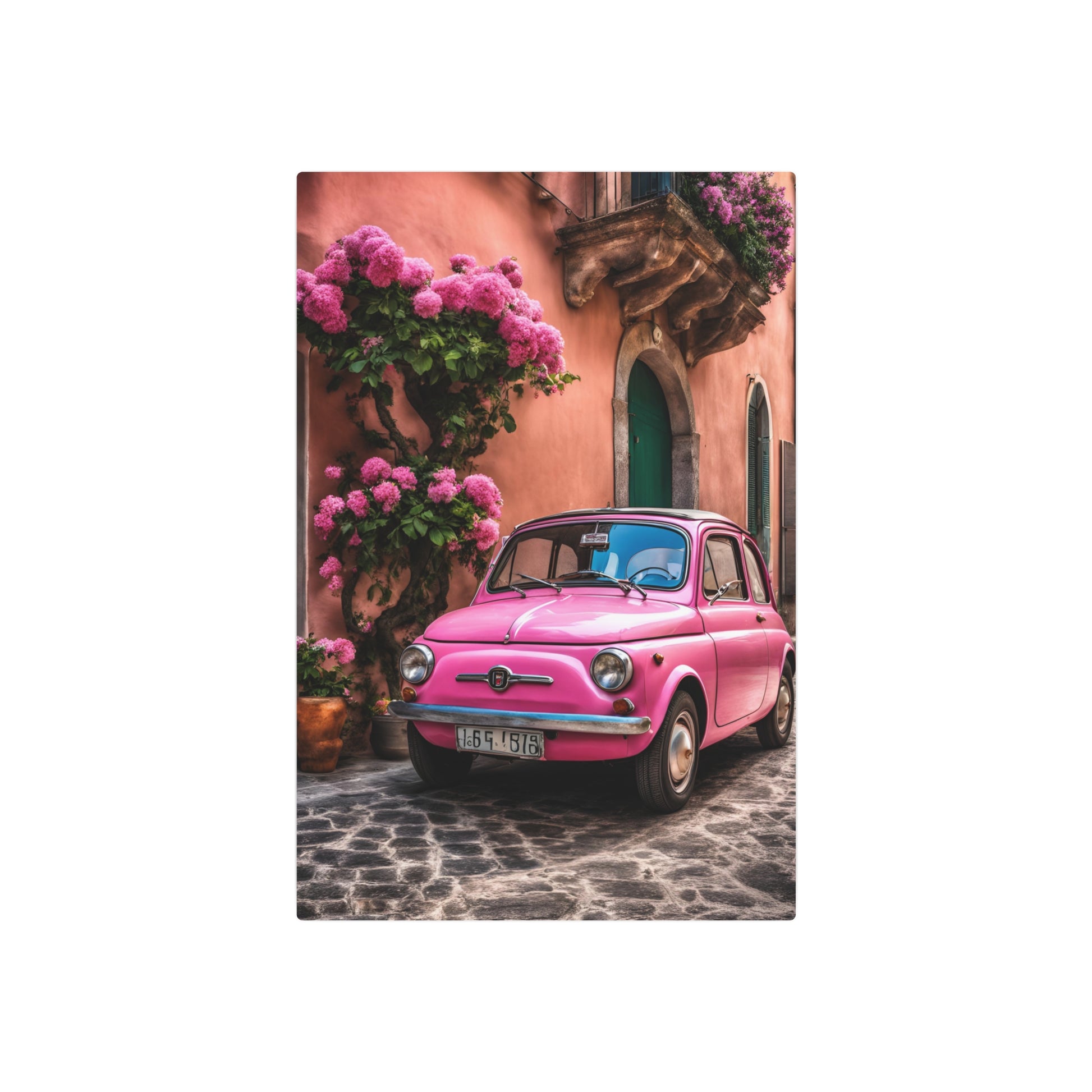 vintage pink fiat on Italian street printable, Italian seaside village Metal Art Sign