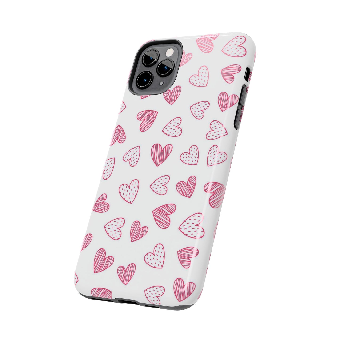 Cute seamless pattern with pink doodle hearts. Tough Phone Cases