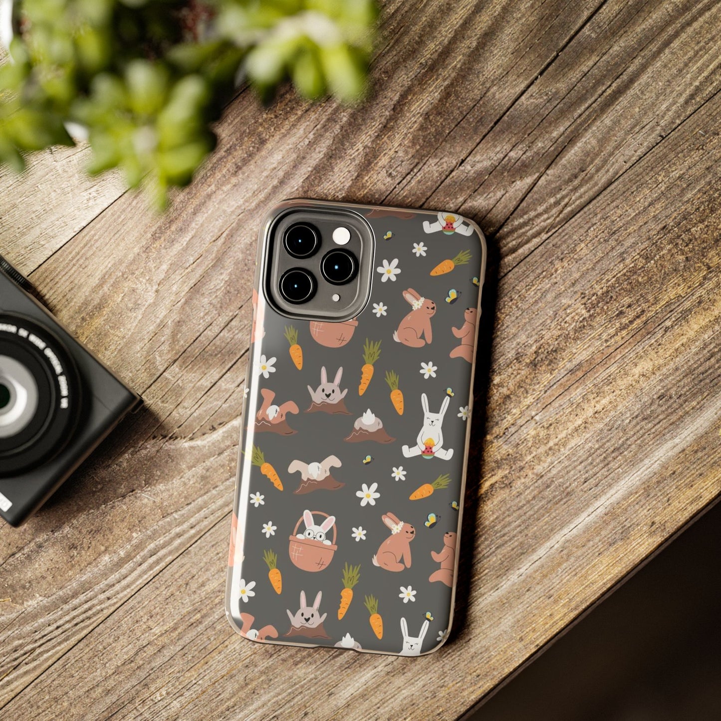 Funny easter rabbits pattern on grey background Tough Phone Cases