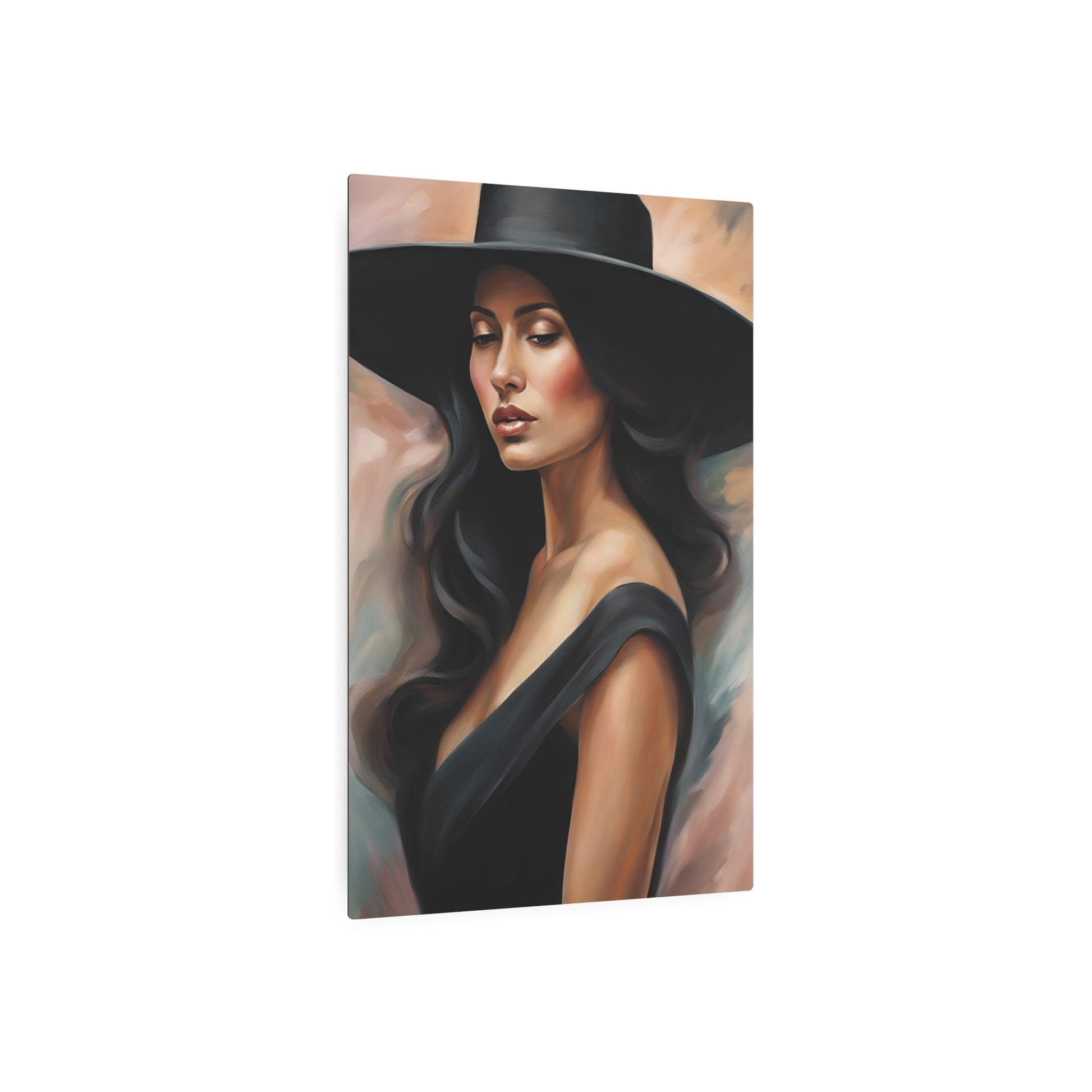 Elegant Portrait of a Woman in Black Hat | Timeless Artistry Metal Art Sign