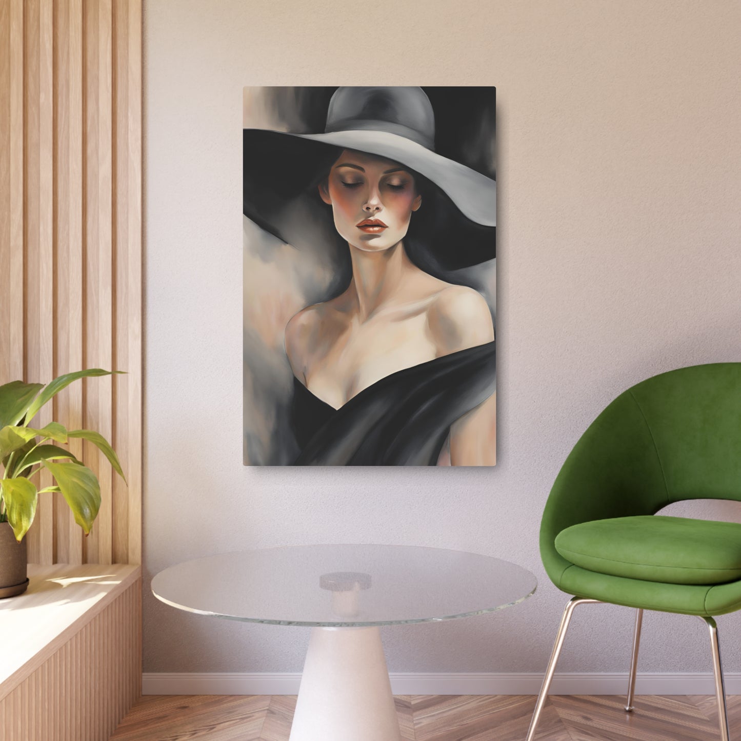 Elegant Modern Portrait Art: Woman with Hat – Timeless Beauty in Oil Painting Metal Art Sign