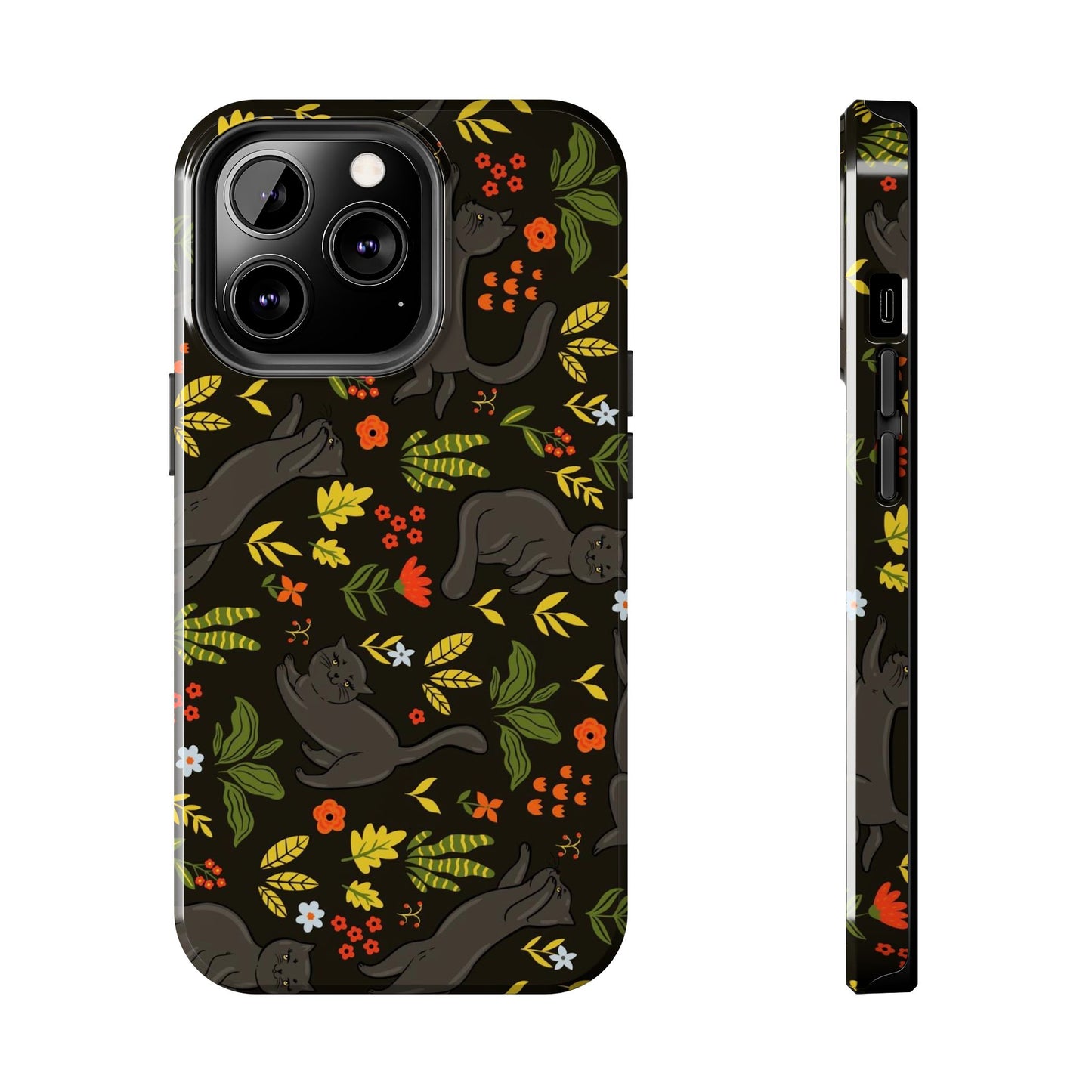 Seamless pattern with black cute cats and flowers Tough Phone Cases iPhone 13 Pro